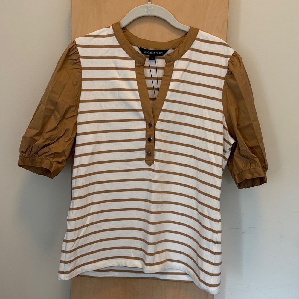 Veronica Beard Tan and White Striped Blouse, NWT - Picture 3 of 4